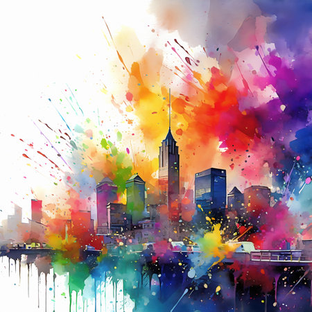 Urban theme showing a city skyline in multicolored vibrant splashy ambiance. AI generated image with lots of paint splashes, splatters and spotsの素材