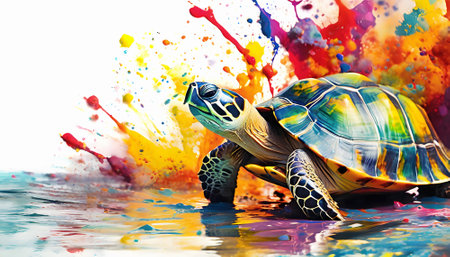 Animal and wildlife theme showing a sea turtle in multicolored vibrant splashy ambiance. AI generated image with lots of paint splashes, splatters and spotsの素材