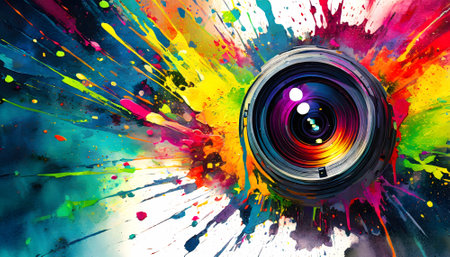 Photography and imaging theme showing a lens in multicolored vibrant splashy ambiance. AI generated image with lots of paint splashes, splatters and spotsの素材