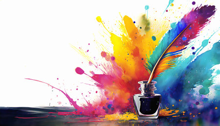 Writing theme showing an inkwell with quill in multicolored vibrant splashy ambiance. AI generated image with lots of paint splashes, splatters and spotsの素材