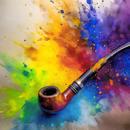Smoking theme showing a tobacco pipe in multicolored vibrant splashy ambiance. AI generated image with lots of paint splashes, splatters and spotsの素材
