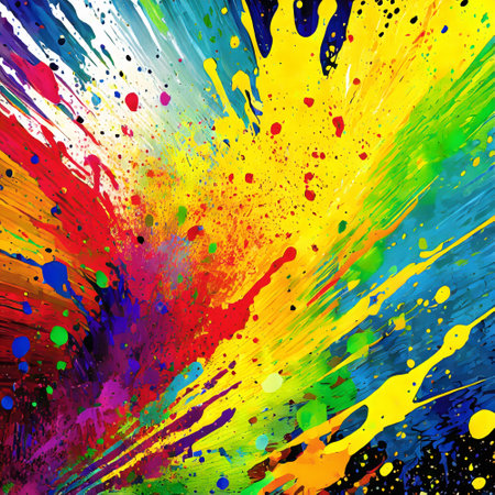 Creativity theme showing an abstract color explosion in multicolored vibrant splashy ambiance. AI generated image with lots of paint splashes, splatters and spotsの素材