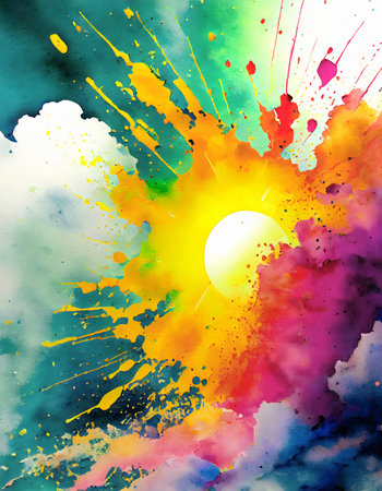 Weather theme showing symbolic sun and clouds in multicolored vibrant splashy ambiance. AI generated image with lots of paint splashes, splatters and spotsの素材