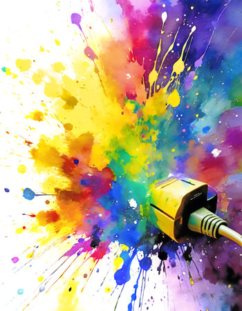 Electric power theme showing a power cord in multicolored vibrant splashy ambiance. AI generated image with lots of paint splashes, splatters and spotsの素材