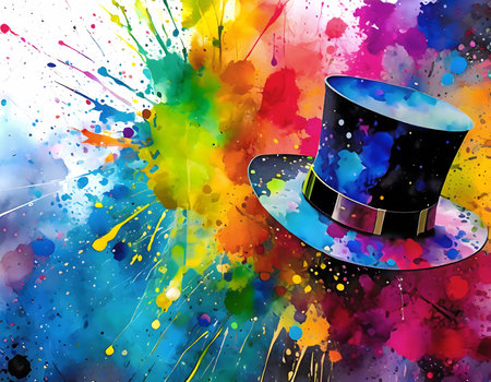 Formal wear and magic theme showing a top hat in multicolored vibrant splashy ambiance. AI generated image with lots of paint splashes, splatters and spotsの素材