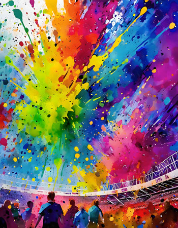 Event theme showing a stadium with lots of spectators in multicolored vibrant splashy ambiance. AI generated image with lots of paint splashes, splatters and spotsの素材