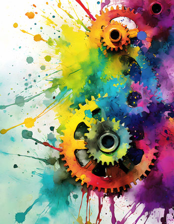 Mechanical theme showing some gear wheels in multicolored vibrant splashy ambiance. AI generated image with lots of paint splashes, splatters and spotsの素材