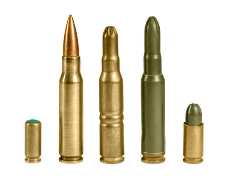 Various upright ammunition in white backの写真素材