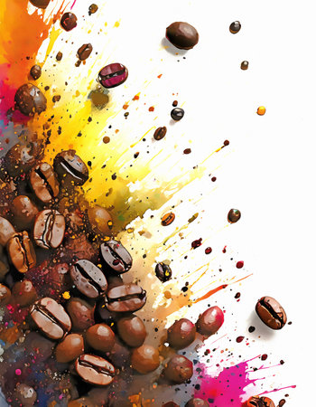 Consumption theme showing coffee beans in multicolored vibrant splashy ambiance. AI generated image with lots of paint splashes, splatters and spotsの素材