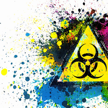 Health risk theme showing a biohazard sign in multicolored vibrant splashy ambiance. AI generated image with lots of paint splashes, splatters and spotsの素材
