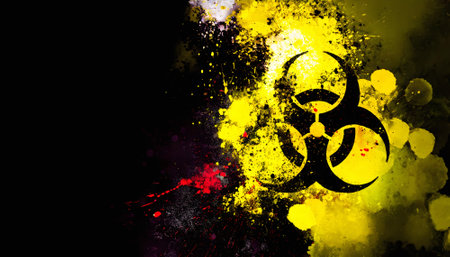 Health risk theme showing a biohazard symbol in vibrant splashy ambiance. AI generated image with lots of paint splashes, splatters and spotsの素材