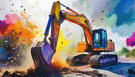 Construction theme showing a tracked excavator in multicolored vibrant splashy ambiance. AI generated image with lots of paint splashes, splatters and spotsの素材