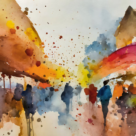AI generated lifestyle theme showing a nearly abstract urban street market scenery with lots of people in multicolored vibrant watercolor ambianceの素材