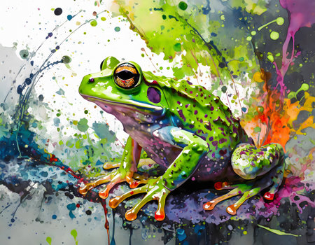Animal and wildlife theme showing a frog in multicolored vibrant splashy ambiance. AI generated image with lots of paint splashes, splatters and spotsの素材
