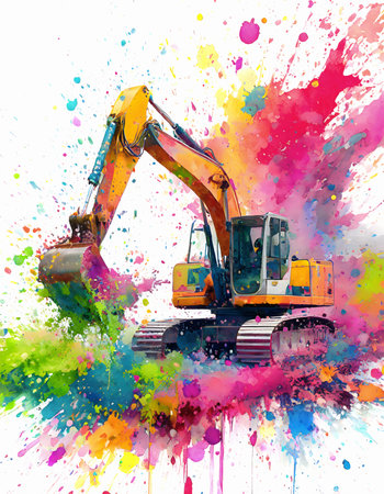 Construction theme showing a tracked excavator in multicolored vibrant splashy ambiance. AI generated image with lots of paint splashes, splatters and spotsの素材