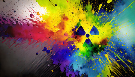 Health risk theme showing an ionizing radiation symbol in multicolored vibrant splashy ambiance. AI generated image with lots of paint splashes, splatters and spotsの素材