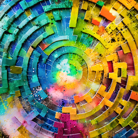 Orientation and navigation theme showing a labyrinth structure in multicolored vibrant splashy ambiance. AI generated image with lots of paint splashes, splatters and spotsの素材