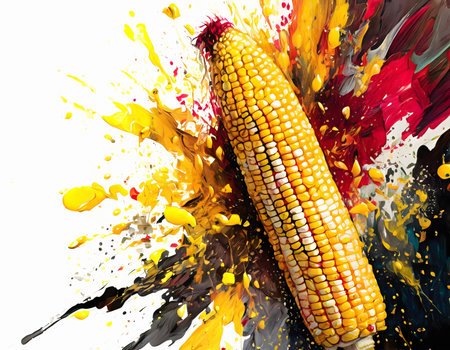 Food and agriculture theme showing a corncob in multicolored vibrant splashy ambiance. AI generated image with lots of paint splashes, splatters and spotsの素材