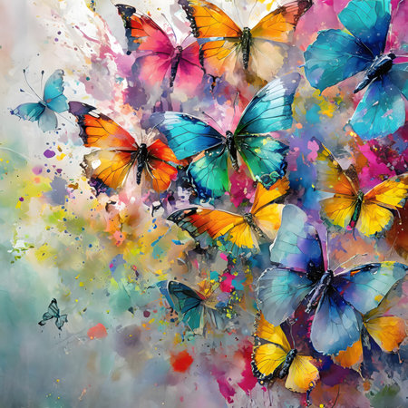 Beauty and animal theme showing lots of butterflies in multicolored vibrant splashy ambiance. AI generated image with lots of paint splashes, splatters and spotsの素材