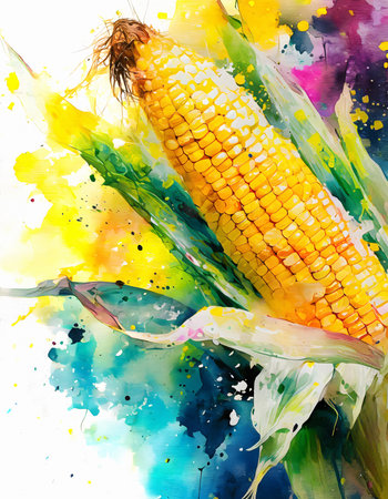 Food and agriculture theme showing a corncob in multicolored vibrant splashy ambiance. AI generated image with lots of paint splashes, splatters and spotsの素材
