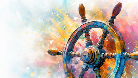 Navigation theme showing a steering wheel in multicolored vibrant splashy ambiance. AI generated image with lots of paint splashes, splatters and spotsの素材