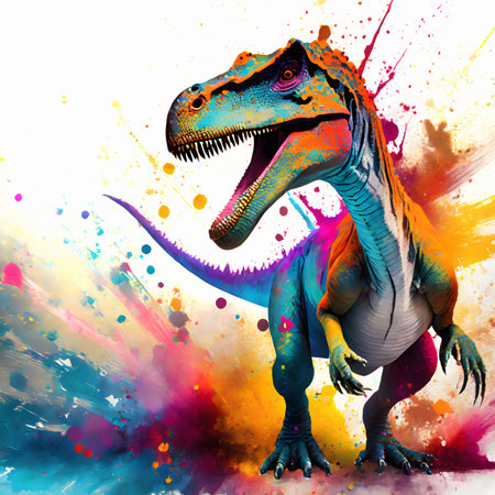 Primeval theme showing a dinosaur in multicolored vibrant splashy ambiance. AI generated image with lots of paint splashes, splatters and spotsの素材