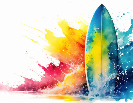 Surfing theme showing a surfboard in multicolored vibrant splashy ambiance. AI generated image with lots of paint splashes, splatters and spotsの素材