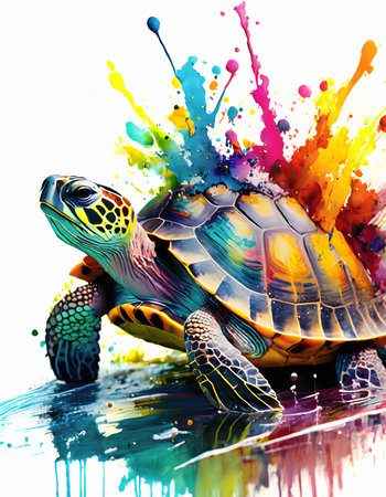Animal and wildlife theme showing a sea turtle in multicolored vibrant splashy ambiance. AI generated image with lots of paint splashes, splatters and spotsの素材