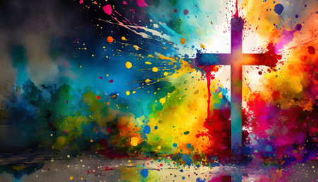 Religious theme showing a Christian cross in multicolored vibrant splashy ambiance. AI generated image with lots of paint splashes, splatters and spotsの素材