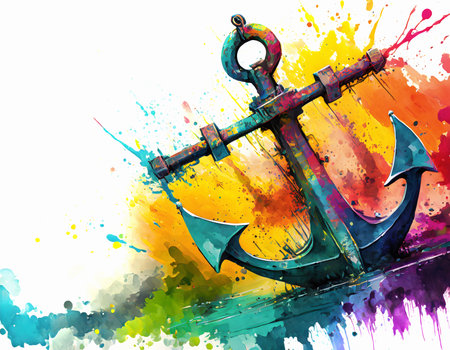 Security theme showing an anchor in multicolored vibrant splashy ambiance. AI generated image with lots of paint splashes, splatters and spotsの素材