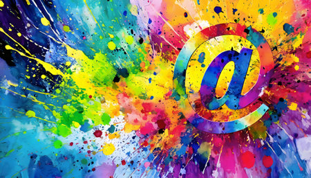 Internet theme showing in an at symbol in multicolored vibrant splashy ambiance. AI generated image with lots of paint splashes, splatters and spotsの素材