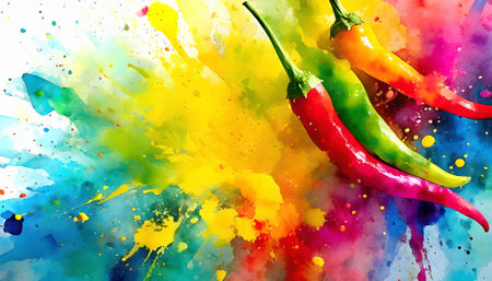 Food and spice theme showing hot chili peppers in multicolored vibrant splashy ambiance. AI generated image with lots of paint splashes, splatters and spotsの素材