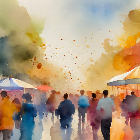 AI generated festivity theme showing an urban street market scenery with lots of people in multicolored vibrant watercolor ambianceの素材