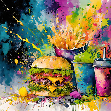 Food and consumption theme showing some fast food in multicolored vibrant splashy ambiance. AI generated image with lots of paint splashes, splatters and spotsの素材