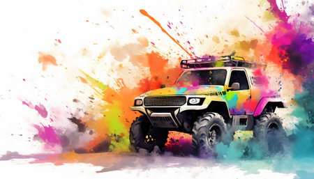 Outdoor and adventure theme showing an off-road vehicle in multicolored vibrant splashy ambiance. AI generated image with lots of paint splashes, splatters and spotsの素材