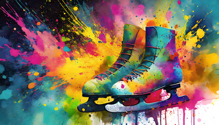 Ice skating theme showing a pair of ice skates in multicolored vibrant splashy ambiance. AI generated image with lots of paint splashes, splatters and spotsの素材