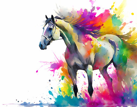 Animal and riding theme showing a horse in multicolored vibrant splashy ambiance. AI generated image with lots of paint splashes, splatters and spotsの素材