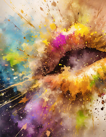 Sensual theme showing a human mouth in multicolored vibrant splashy ambiance. AI generated image with lots of paint splashes, splatters and spotsの素材