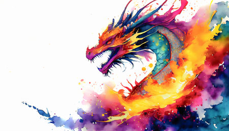 Magical legendary theme showing a fire-drake in multicolored vibrant splashy ambiance. AI generated image with lots of paint splashes, splatters and spotsの素材