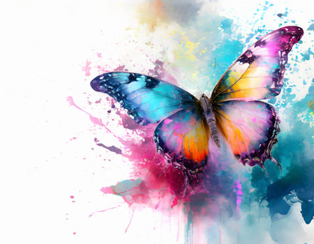 Beauty and animal theme showing a butterfly in multicolored vibrant splashy ambiance. AI generated image with lots of paint splashes, splatters and spotsの素材