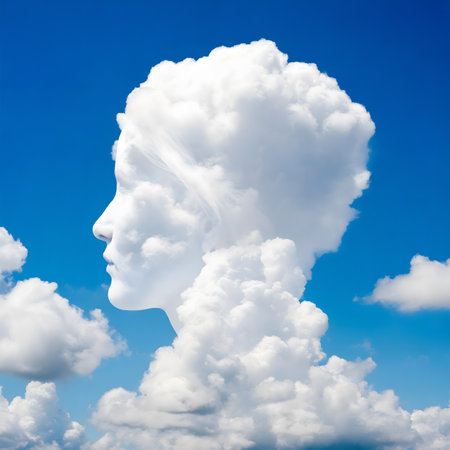 AI generated image showing a human head formed from white clouds in front of blue skyの素材