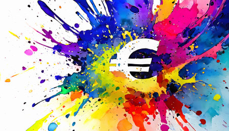 Financial theme showing a euro symbol in multicolored vibrant splashy ambiance. AI generated image with lots of paint splashes, splatters and spotsの素材