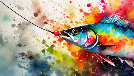 Angling theme showing a fish and fishing line in multicolored vibrant splashy ambiance. AI generated image with lots of paint splashes, splatters and spotsの素材