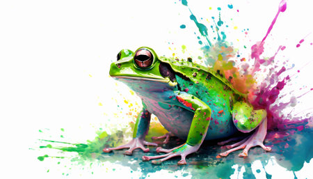 Animal and wildlife theme showing a green frog in multicolored vibrant splashy ambiance. AI generated image with lots of paint splashes, splatters and spotsの素材