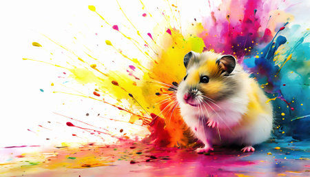 Pet and animal theme showing a hamster in multicolored vibrant splashy ambiance. AI generated image with lots of paint splashes, splatters and spotsの素材
