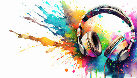 Sound and acoustics theme showing headphones in multicolored vibrant splashy ambiance. AI generated image with lots of paint splashes, splatters and spotsの素材