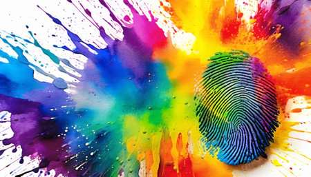 Identity theme showing a fingerprint in multicolored vibrant splashy ambiance. AI generated image with lots of paint splashes, splatters and spotsの素材