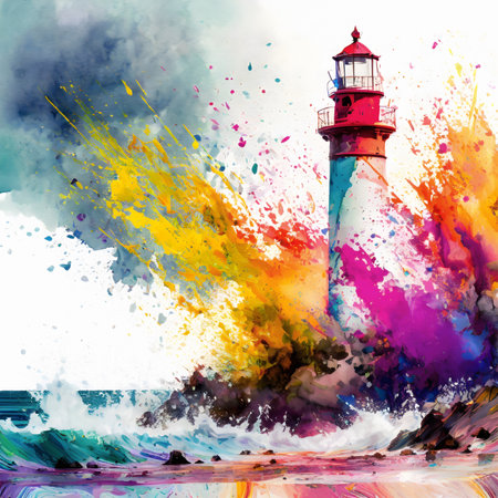 Navigational aid theme showing lighthouse in multicolored vibrant splashy ambiance. AI generated image with lots of paint splashes, splatters and spotsの素材