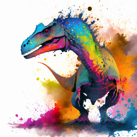 Primeval theme showing a dinosaur in multicolored vibrant splashy ambiance. AI generated image with lots of paint splashes, splatters and spotsの素材