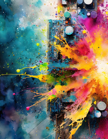 Electronics theme showing a printed circuit board in multicolored vibrant splashy ambiance. AI generated image with lots of paint splashes, splatters and spotsの素材